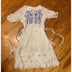 eShakti Cottagecore White Pinstriped Dress with Blue Floral Embroidery